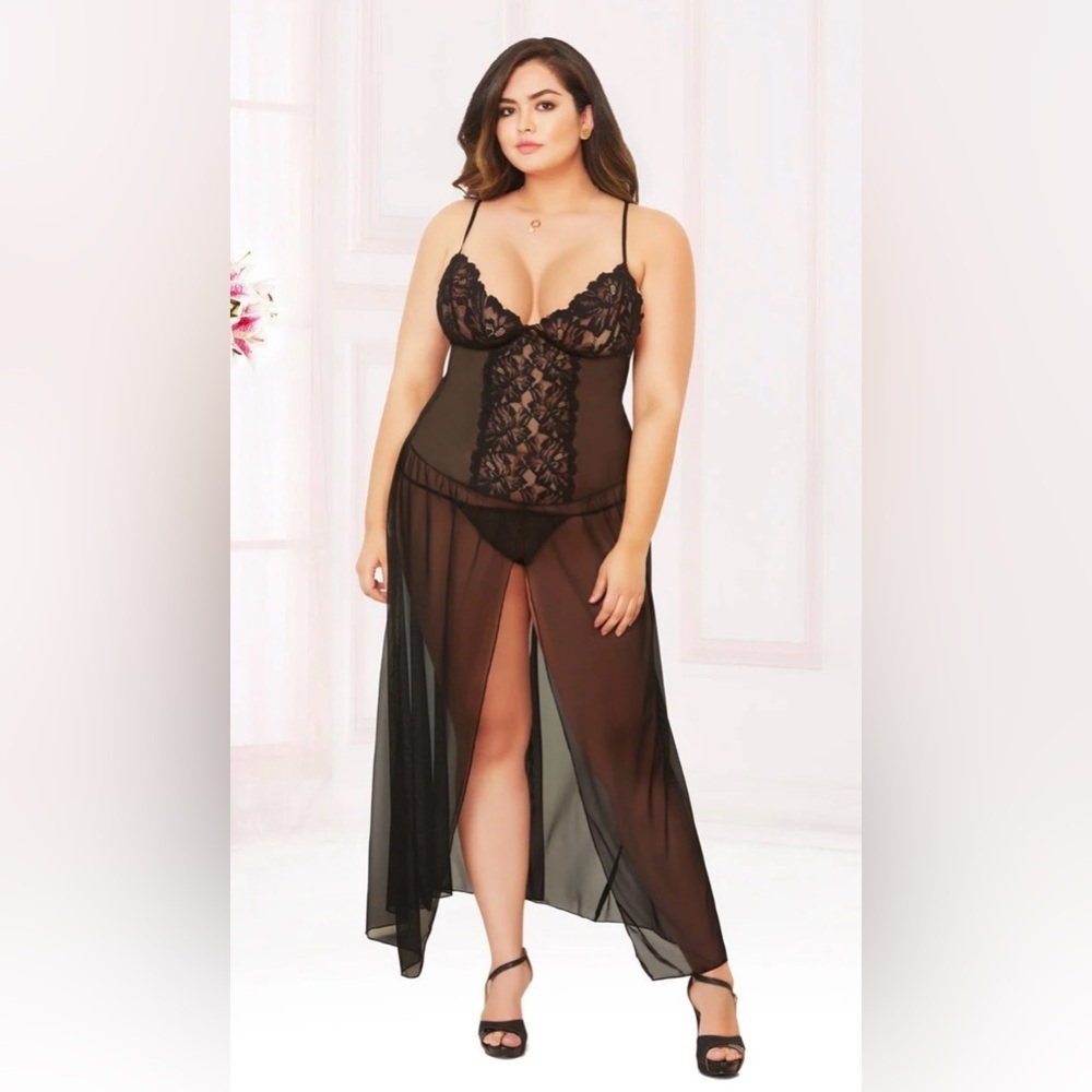 Seven til Midnight Sexy Hot Mesh Floor Length Robe Lace XL Black Lingerie